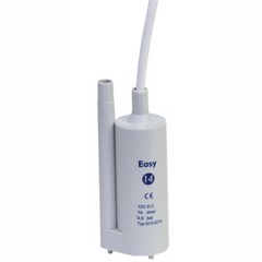 Cylinderformad vattenpump i vit/blå med 14 l/min, 0,5 bar, 12V D.C. specifikationer synliga.
